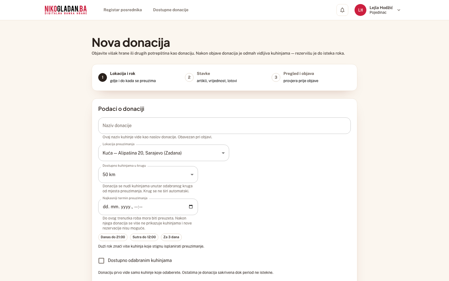 Korak 8: Otvara se čarobnjak „Nova donacija" (/pojedinac/nova-donacija), korak 1 od 3 „Lokacija i rok".