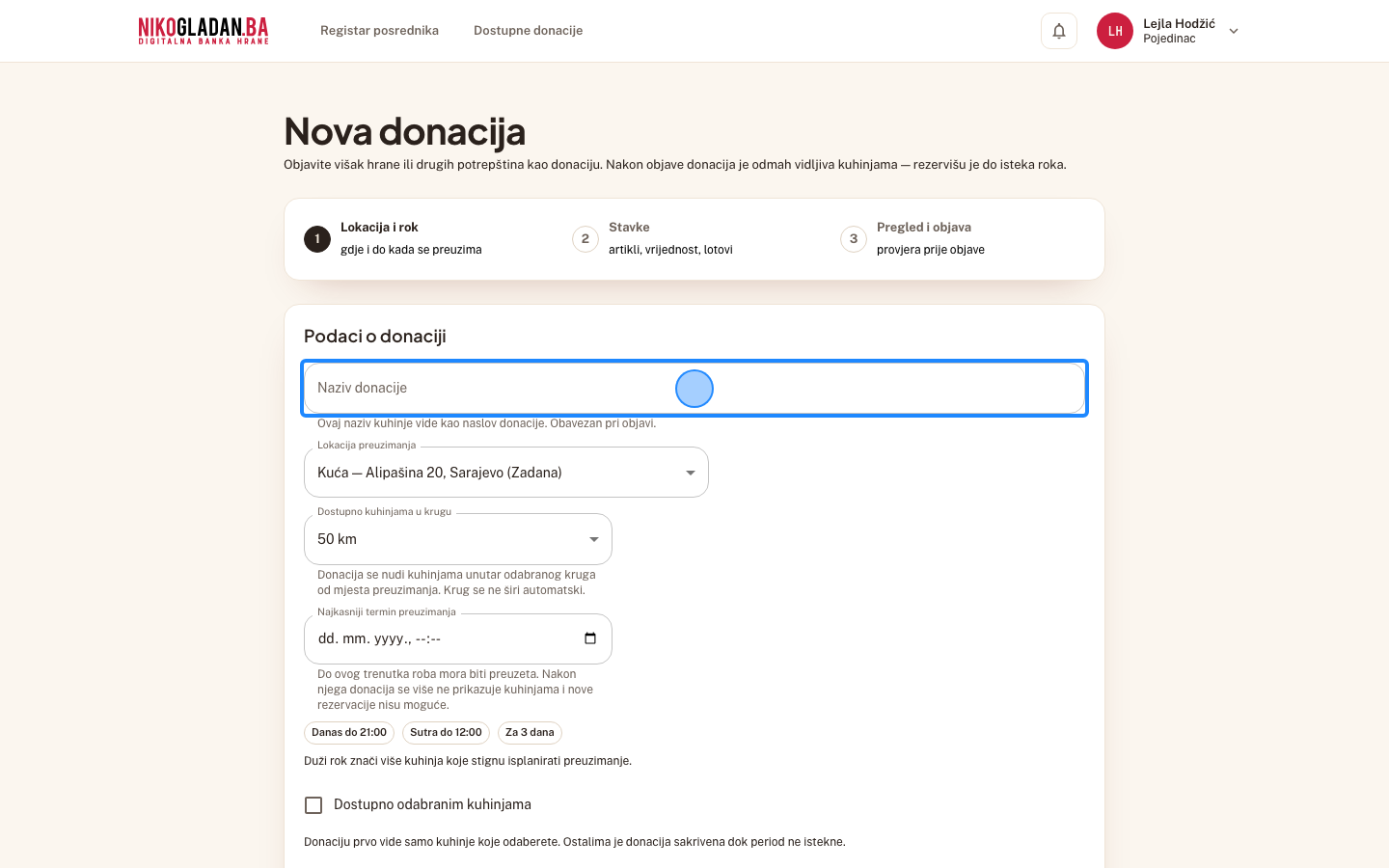 Korak 9: U polje „Naziv donacije" unesite Višak sa proslave.