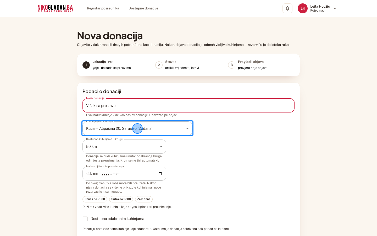 Korak 10: Otvorite „Lokacija preuzimanja" i odaberite „Kuća — Alipašina 20, Sarajevo (Zadana)".