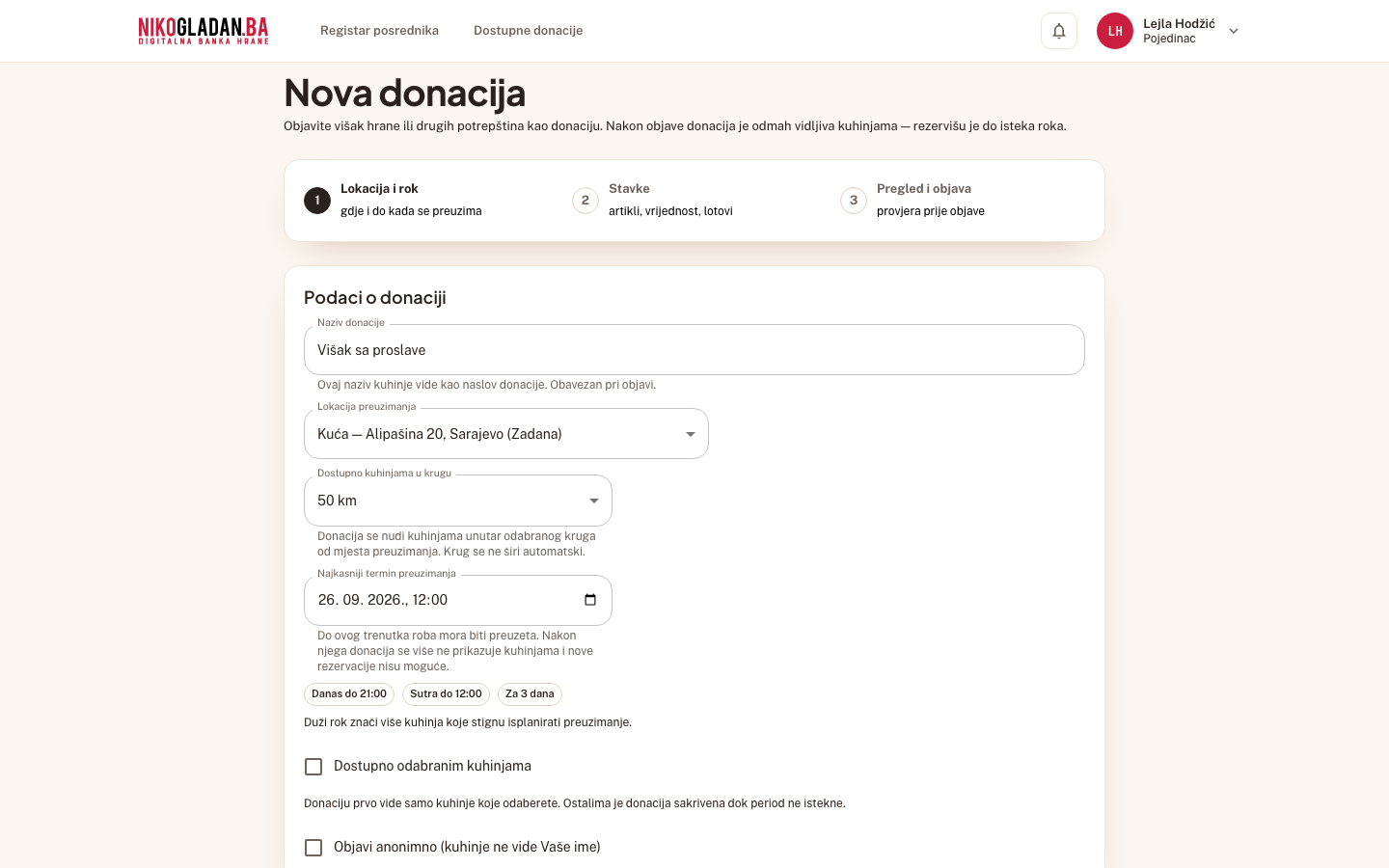 Korak 14: Kućice „Dostupno odabranim kuhinjama" i „Objavi anonimno (kuhinje ne vide Vaše ime)" ostavite neoznačene.