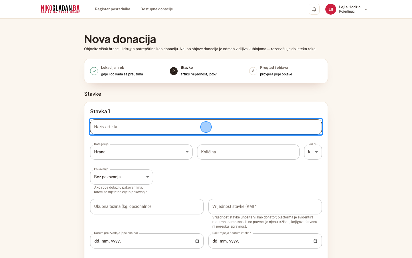 Korak 16: Korak 2 „Stavke" — Stavka 1: u polje „Naziv artikla" unesite Brašno tip 500.