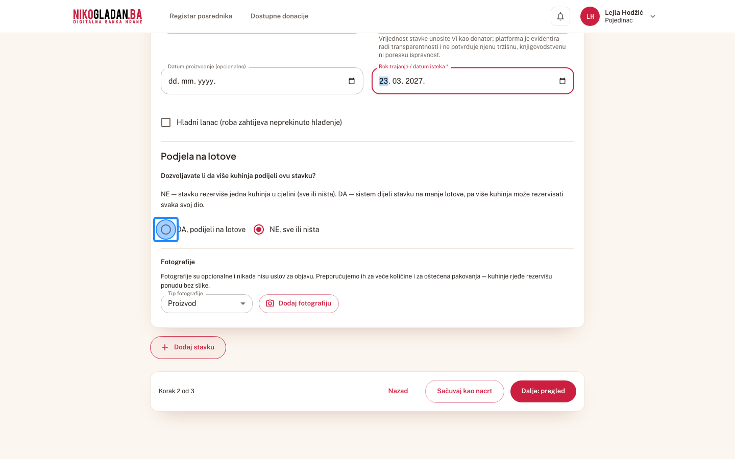Korak 23: Pod „Podjela na lotove" odaberite „DA, podijeli na lotove".