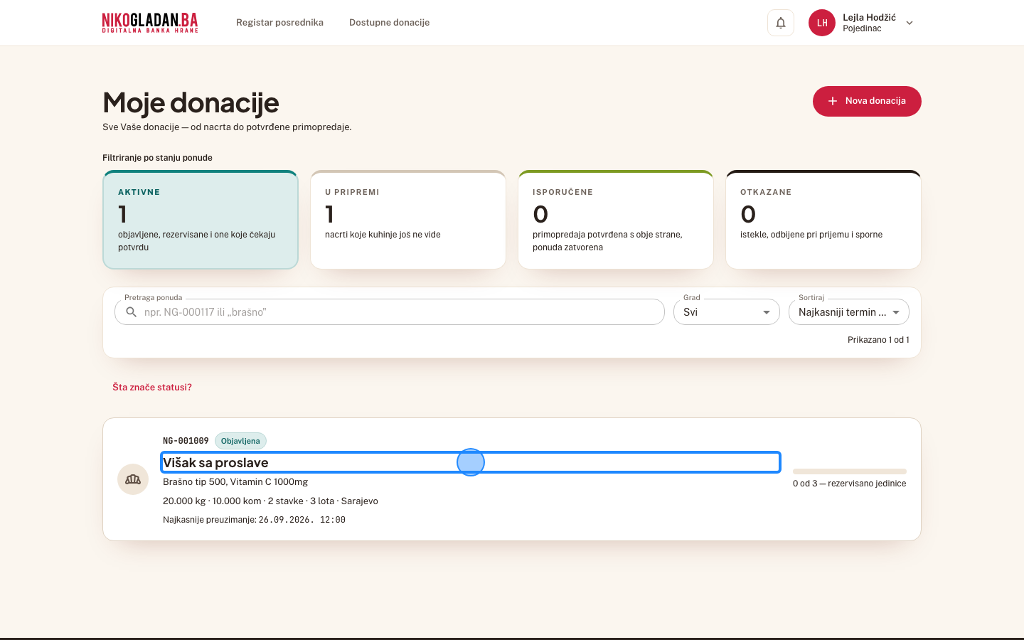 Korak 38: U redu NG-001009 (status „Objavljena") kliknite naslov „Višak sa proslave" da otvorite detalj donacije.