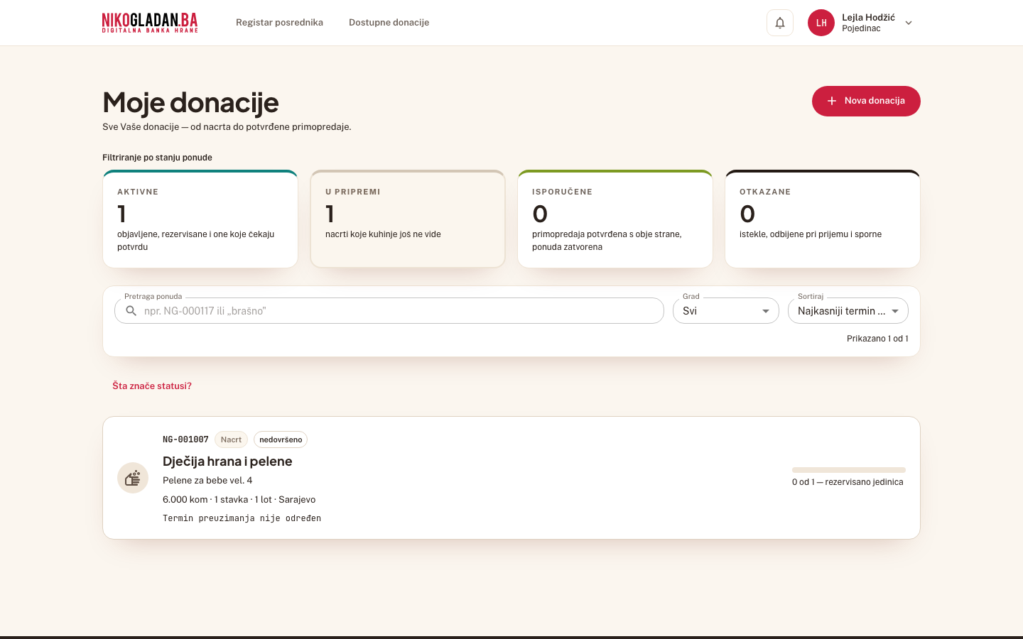 Korak 43: U pripremi: NG-001007 „Dječija hrana i pelene" sa statusom „Nacrt".
