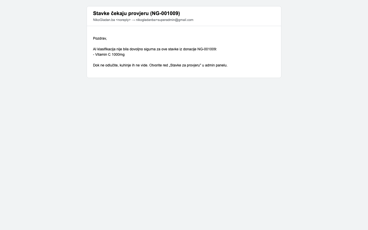 Korak 44: [Gmail] Email adminu „Stavke čekaju provjeru (NG-001009)".