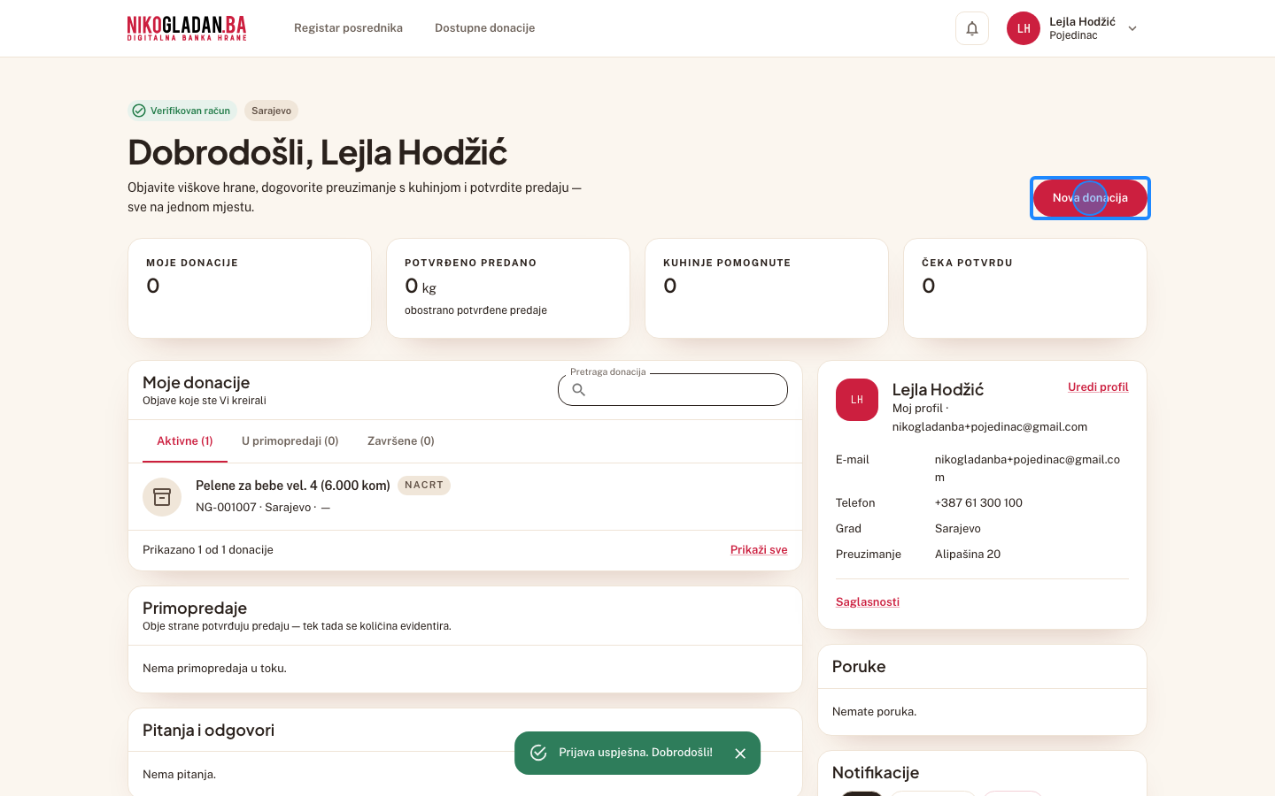 Korak 7: Kliknite „Nova donacija".