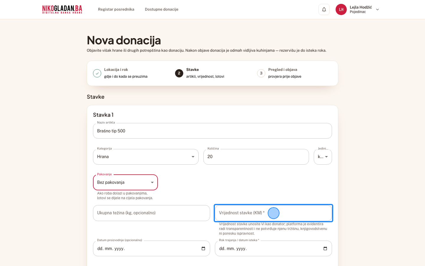 Korak 21: U polje „Vrijednost stavke (KM)" unesite 30.