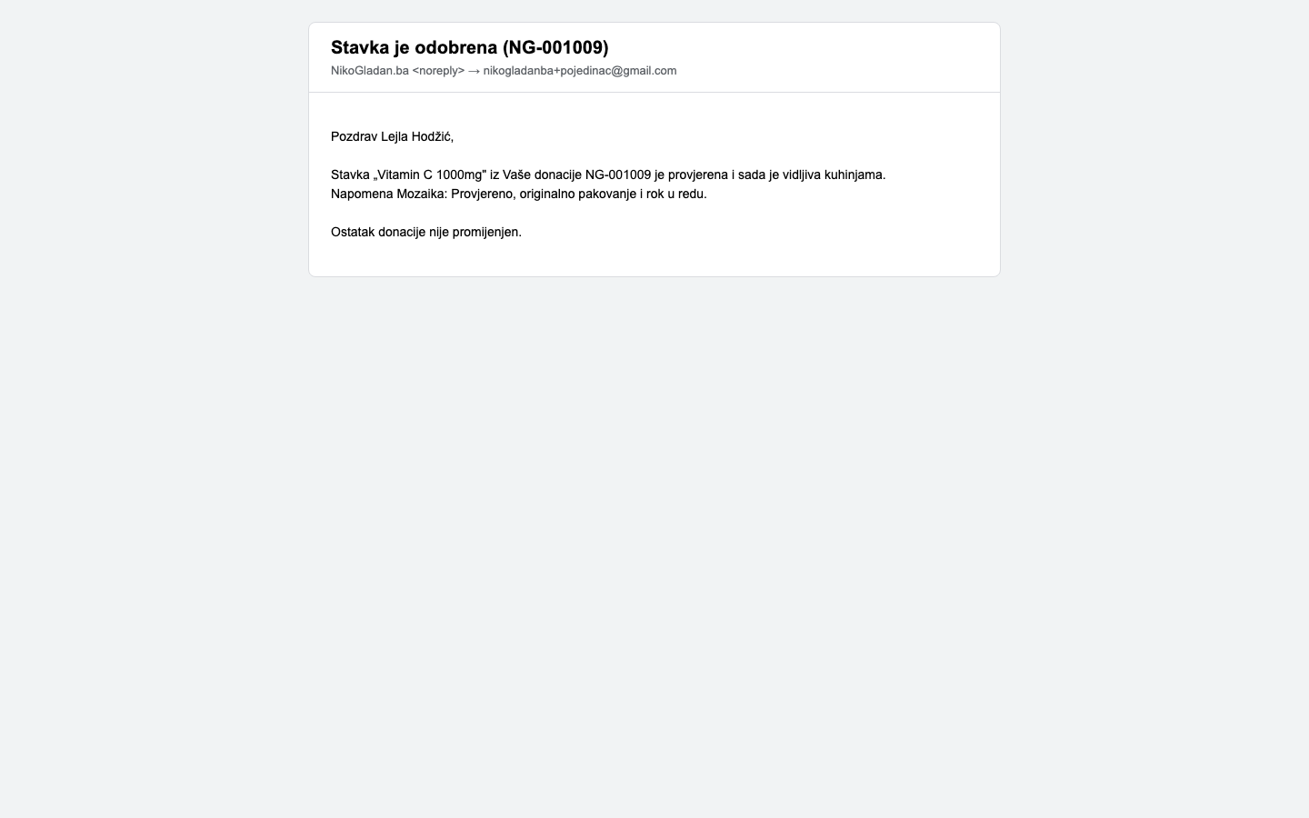 Korak 65: [Gmail] Email donatoru „Stavka je odobrena (NG-001009)" s napomenom admina.