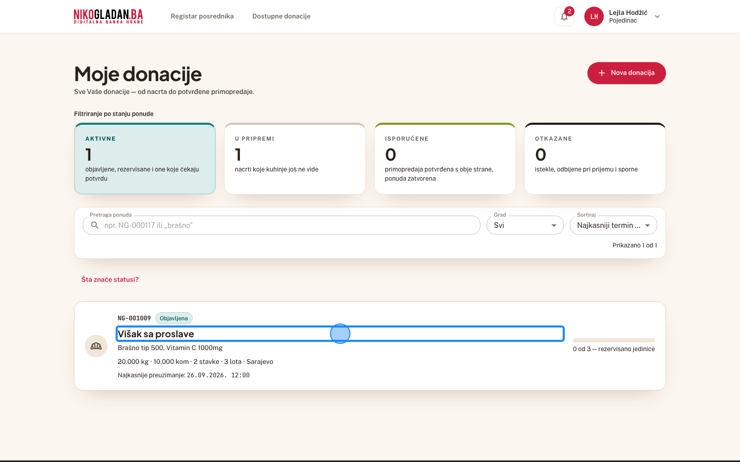 Korak 74: U redu NG-001009 (status „Objavljena") kliknite naslov „Višak sa proslave" da otvorite detalj donacije.