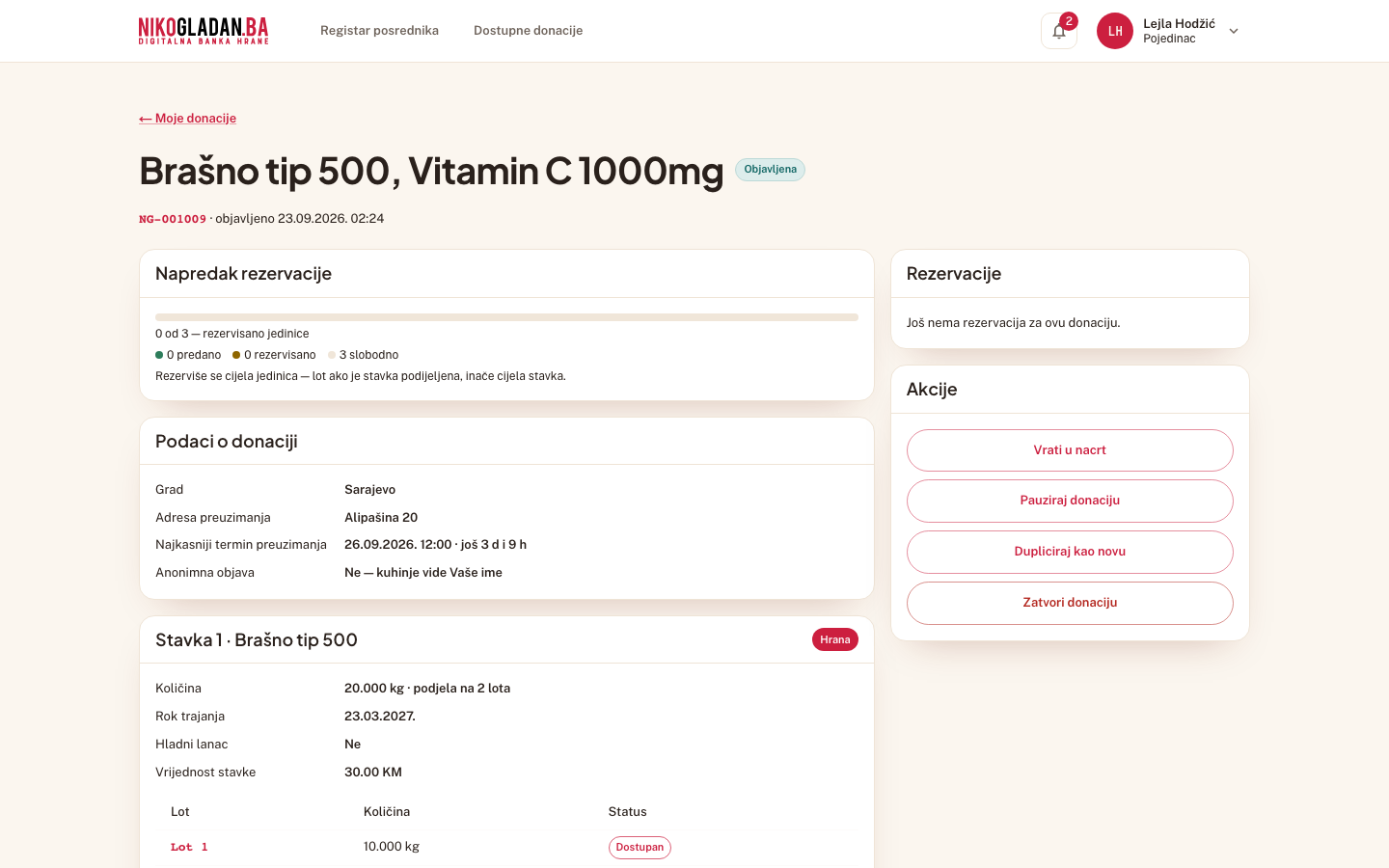 Korak 75: Osvježen detalj NG-001009: Stavka 2 više nema oznaku „Čeka provjeru Mozaika", lot je „Dostupan".