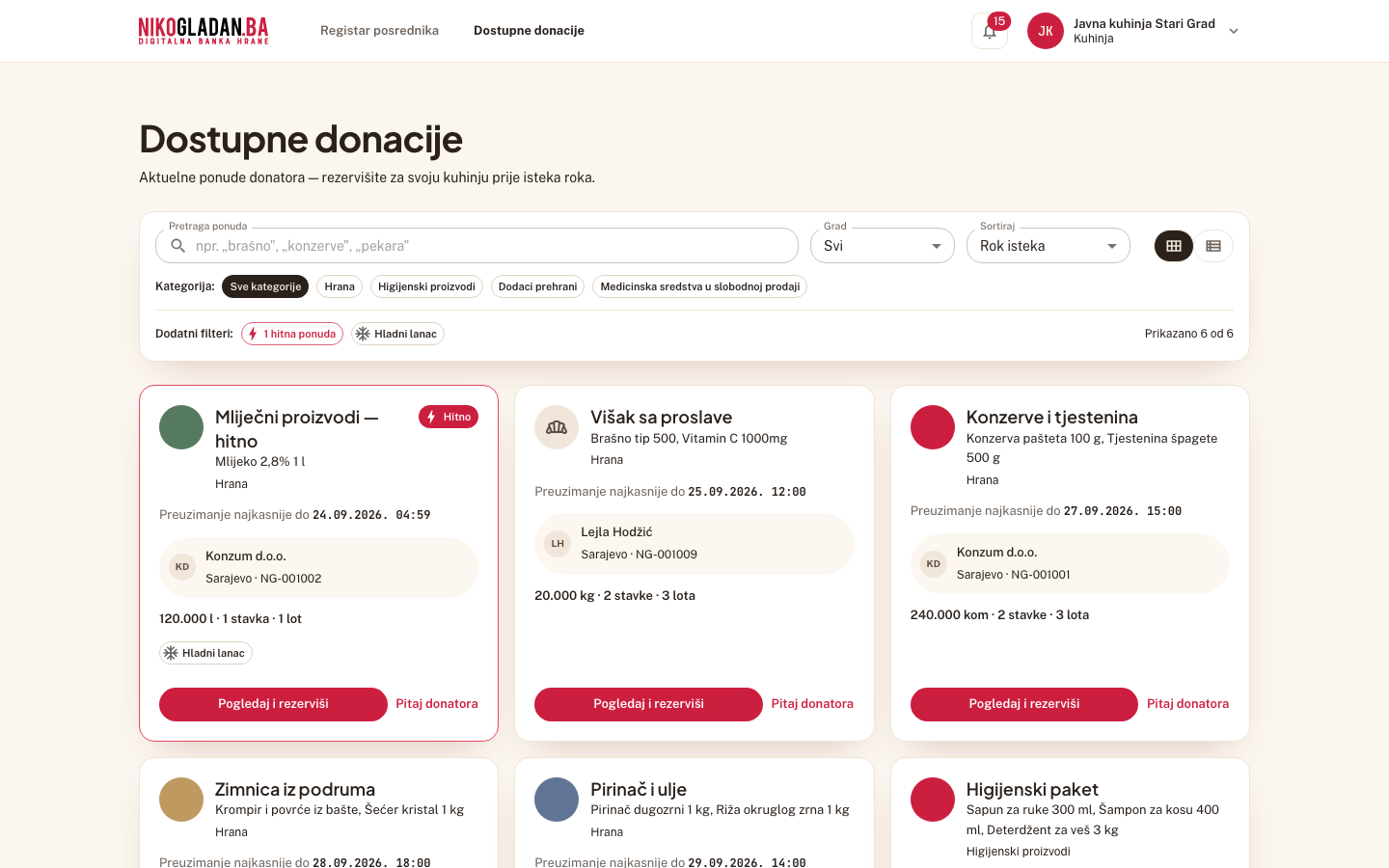 Korak 9: Stranica „Dostupne donacije" (/dostupne-donacije): filteri „Grad", „Sortiraj", „Kategorija", „Hladni lanac" i prekidač prikaza karticama / tabelom.