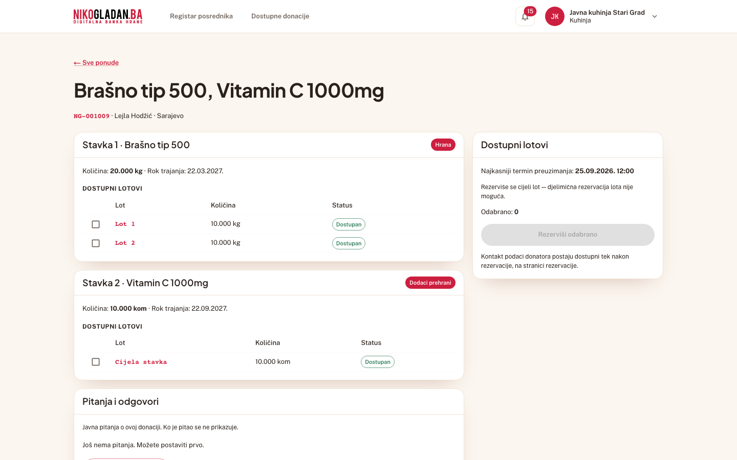 Korak 12: Detalj donacije: stavke s rokom trajanja i tabela „Dostupni lotovi" (Lot 1, Lot 2, cijela stavka Vitamin C).