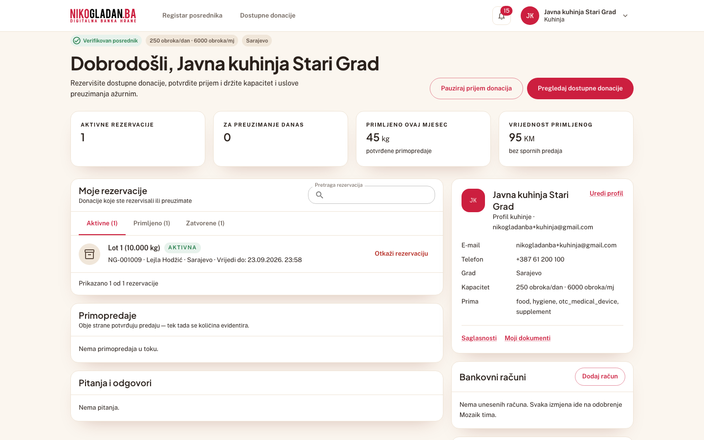 Korak 23: Kontrolna tabla: „Aktivne rezervacije 1"; u kartici Moje rezervacije red „Lot 1 (10.000 kg) · AKTIVNA · NG-001009 · Lejla Hodžić · Vrijedi do …".