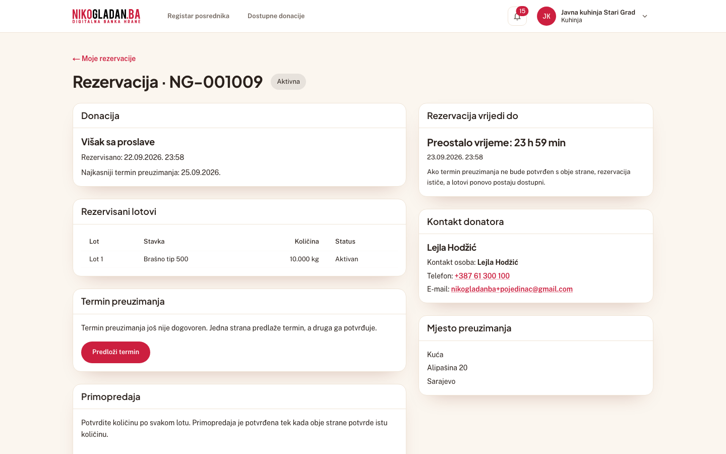 Korak 26: Desno: „Kontakt donatora" (telefon i email sada vidljivi) i „Mjesto preuzimanja"; niže „Razgovor" i „Otkazivanje".