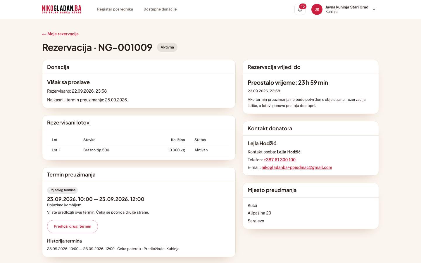 Korak 32: Sekcija „Termin preuzimanja" sada prikazuje „Prijedlog termina", „Vi ste predložili ovaj termin. Čeka se potvrda druge strane." i „Historija termina".