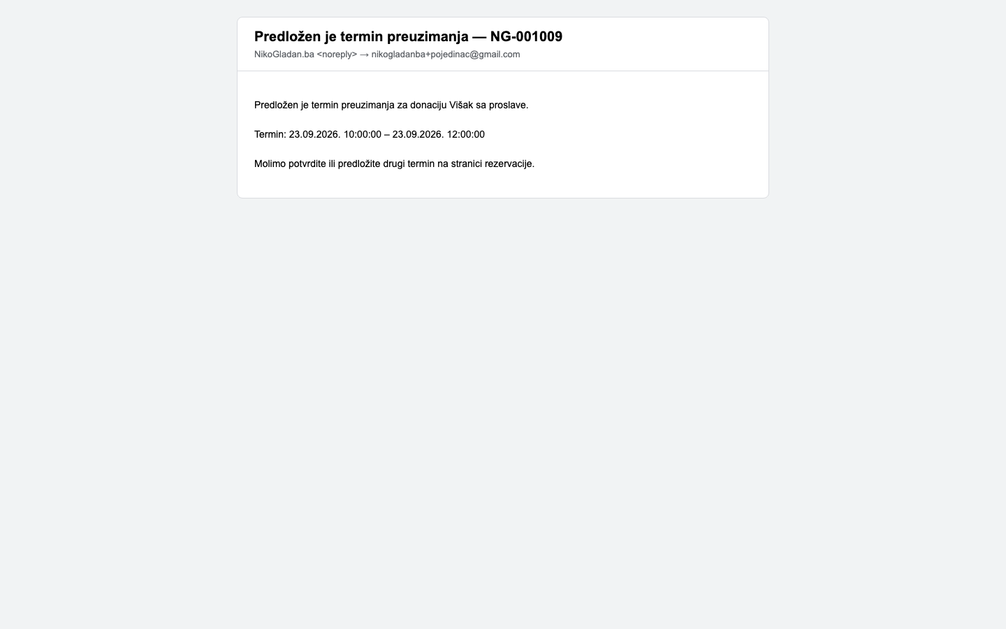 Korak 44: [Gmail] Email donatoru „Predložen je termin preuzimanja — NG-001009".
