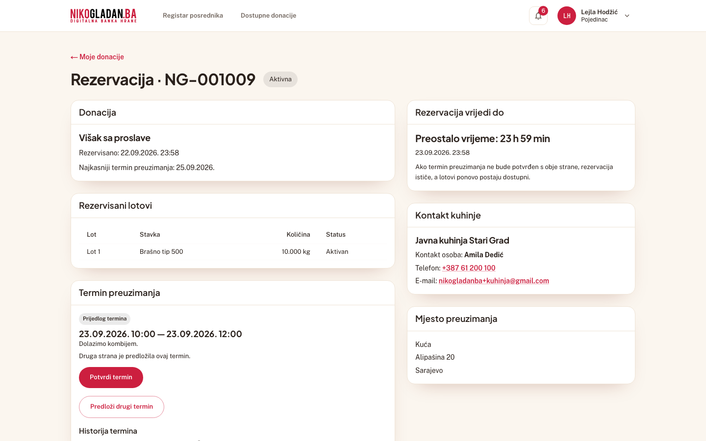 Korak 52: Stranica rezervacije kod donatora: „Termin preuzimanja" — „Druga strana je predložila ovaj termin. Čeka Vašu potvrdu."