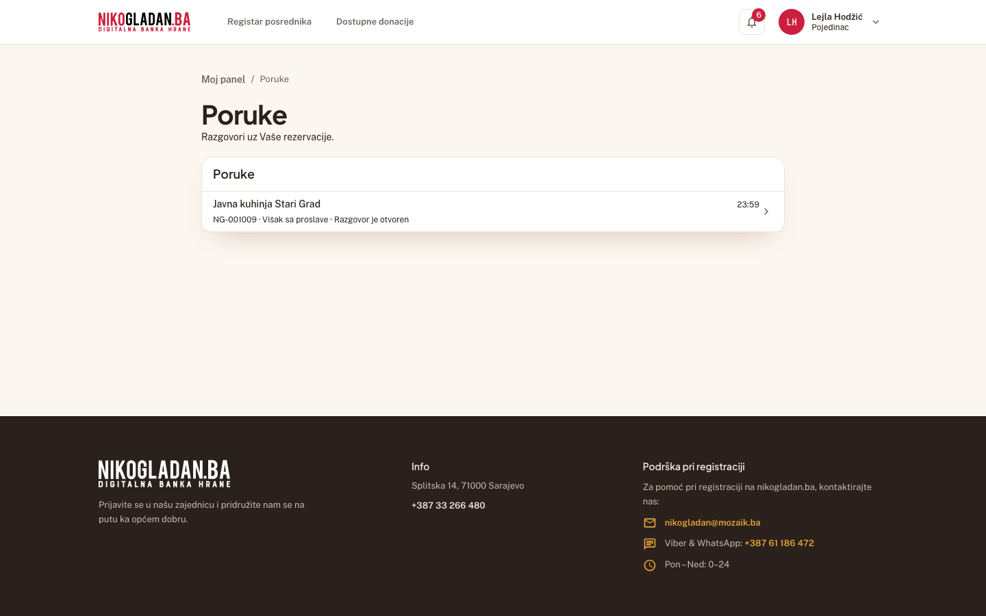 Korak 60: Stranica „Poruke" (/poruke): razgovor „Javna kuhinja Stari Grad · NG-001009".