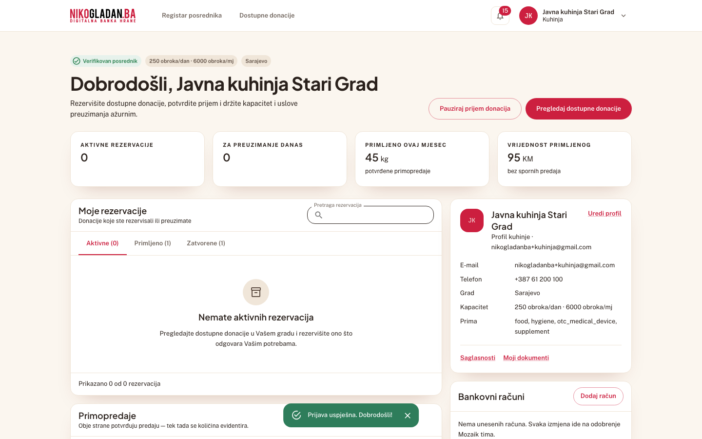 Korak 6: Kontrolna tabla Javne kuhinje Stari Grad: oznaka „Verifikovan posrednik", dugme „Pauziraj prijem donacija" i četiri pločice — „Aktivne rezervacije", „Za preuzimanje danas", „Primljeno ovaj mjesec" (kg) i „Vrijednost primljenog" (KM).