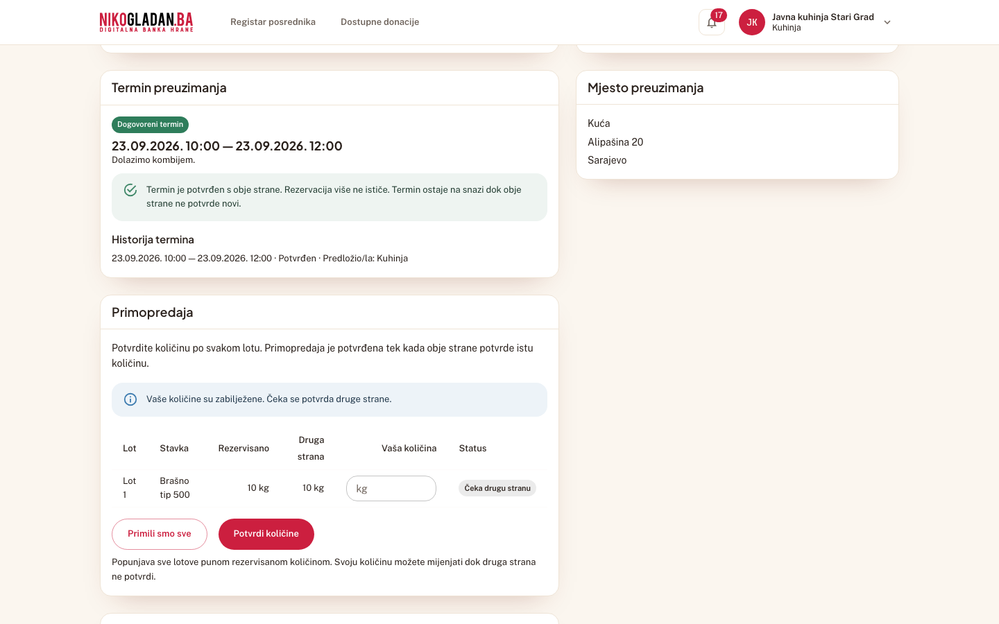 Korak 21: Sekcija „Primopredaja" kod kuhinje: kolona „Druga strana" prikazuje 10 (količinu koju je donator potvrdio).
