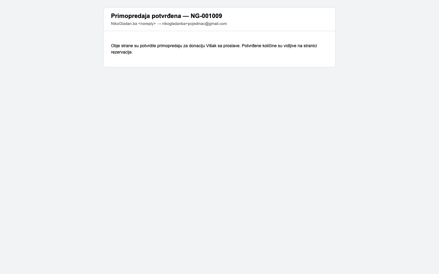 Korak 29: [Gmail] Email pojedincu „Primopredaja potvrđena — NG-001009".