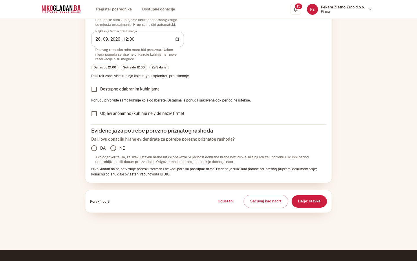 Korak 11: Blok „Evidencija za potrebe porezno priznatog rashoda" s pitanjem „Da li ovu donaciju hrane evidentirate za potrebe porezno priznatog rashoda?" i napomenom (disclaimer) ispod.