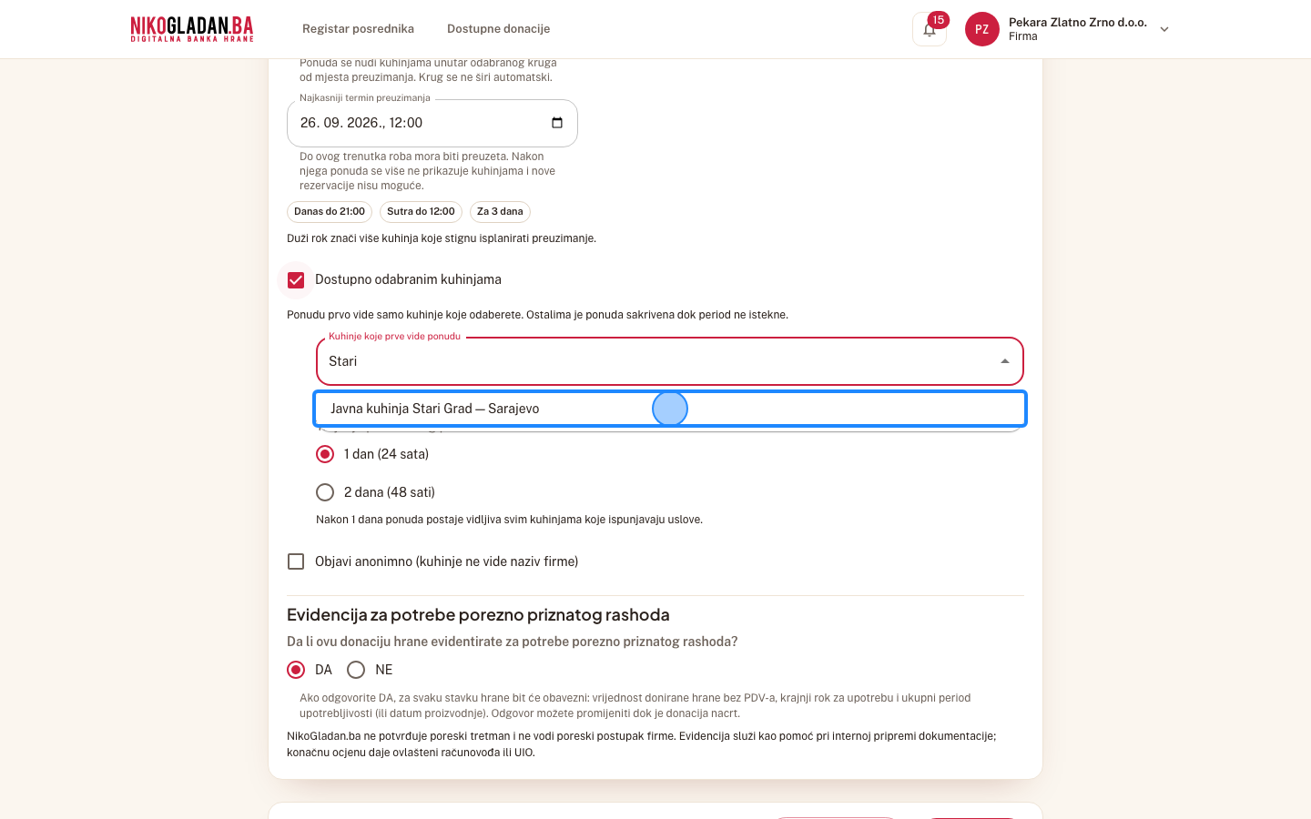 Korak 15: U ponuđenoj listi odaberite „Javna kuhinja Stari Grad".