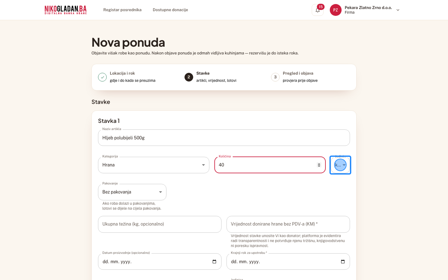 Korak 21: Otvorite „Jedinica" i odaberite „kom".