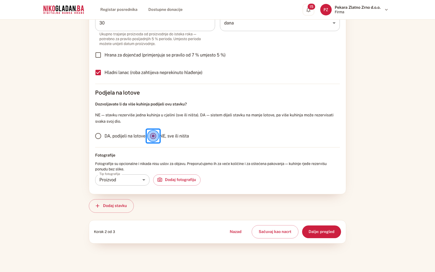 Korak 41: Pod „Podjela na lotove" odaberite „NE, sve ili ništa".