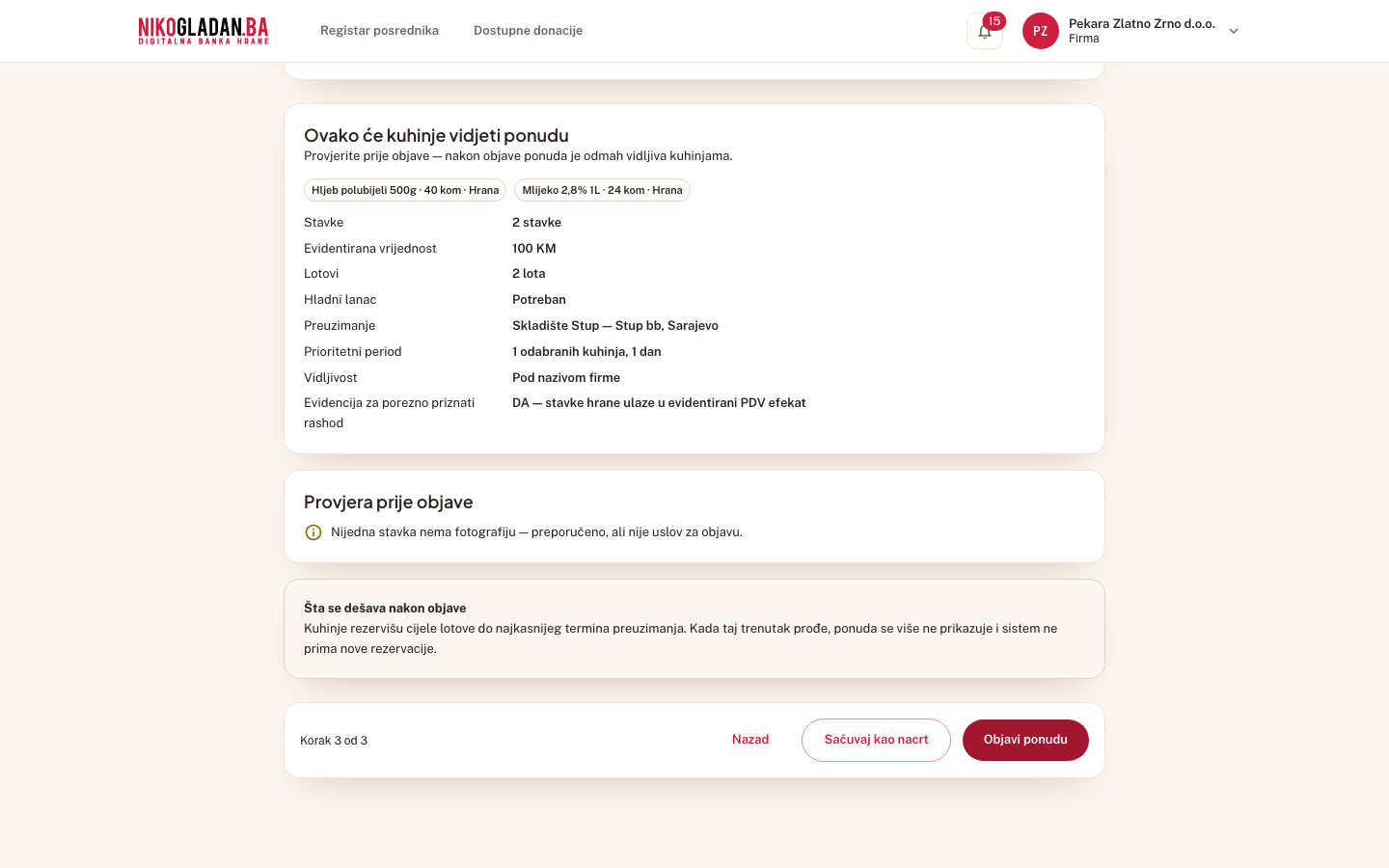 Korak 43: Pregled: Prioritetni period „1 odabranih kuhinja, 1 dan", Hladni lanac „Potreban", „Evidencija za porezno priznati rashod: DA".