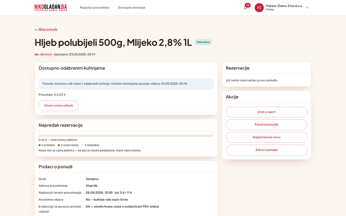 Korak 48: Detalj ponude: kartica „Dostupno odabranim kuhinjama" („Ponudu trenutno vidi samo 1 odabranih kuhinja…", „Preostalo: 0 d 23 h", dugme „Otvori svima odmah").