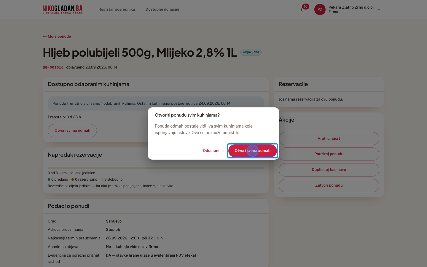 Korak 76: U dijalogu „Otvoriti ponudu svim kuhinjama?" potvrdite klikom na „Otvori svima odmah".