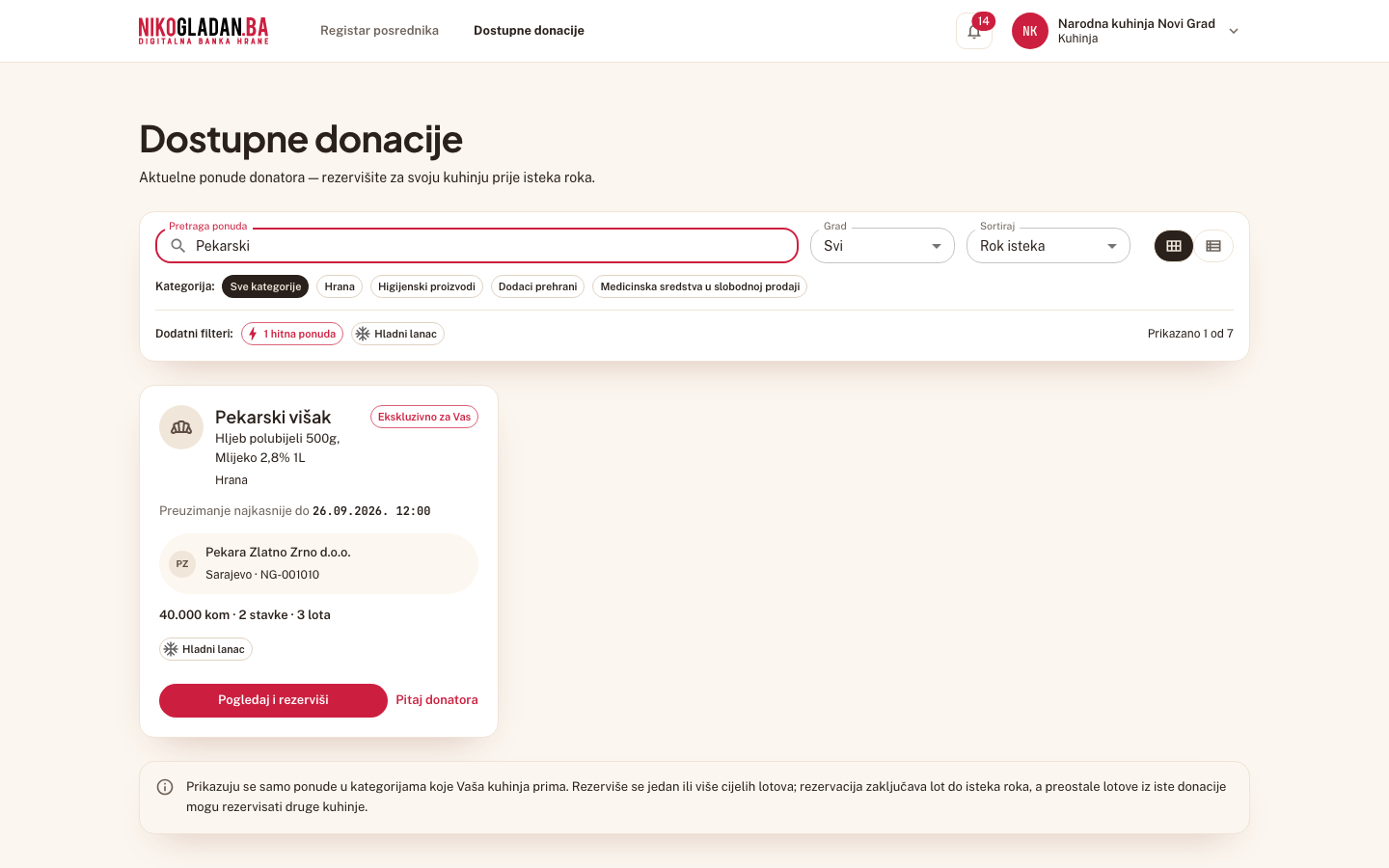 Korak 86: Kuhinja 2 (nakon osvježavanja): ponuda „Pekarski višak" je sada u listi.