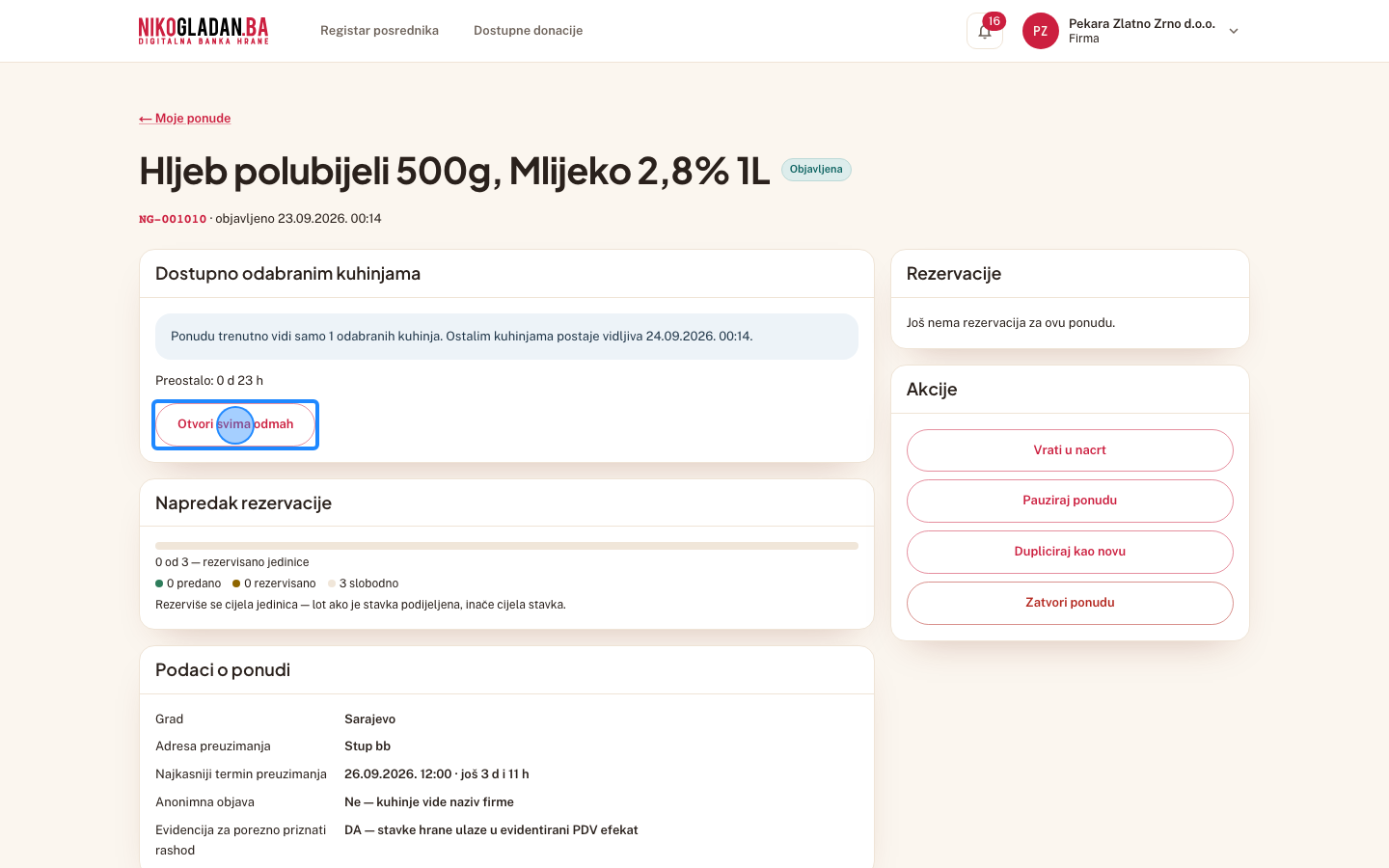 Korak 75: U kartici „Dostupno odabranim kuhinjama" kliknite „Otvori svima odmah".