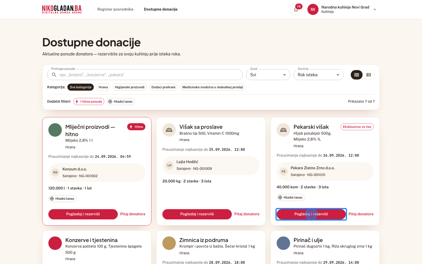 Korak 7: Na kartici NG-001010 „Pekarski višak" kliknite „Pogledaj i rezerviši".