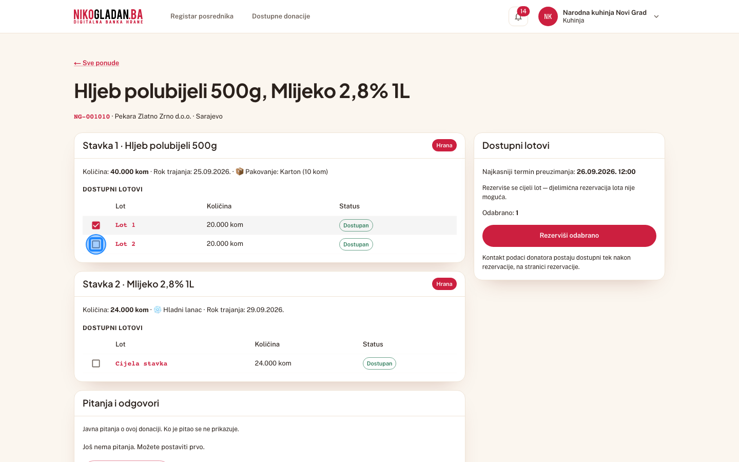 Korak 9: Označite i „Lot 2" (hljeb, 20 kom) — „Odabrano: 2".
