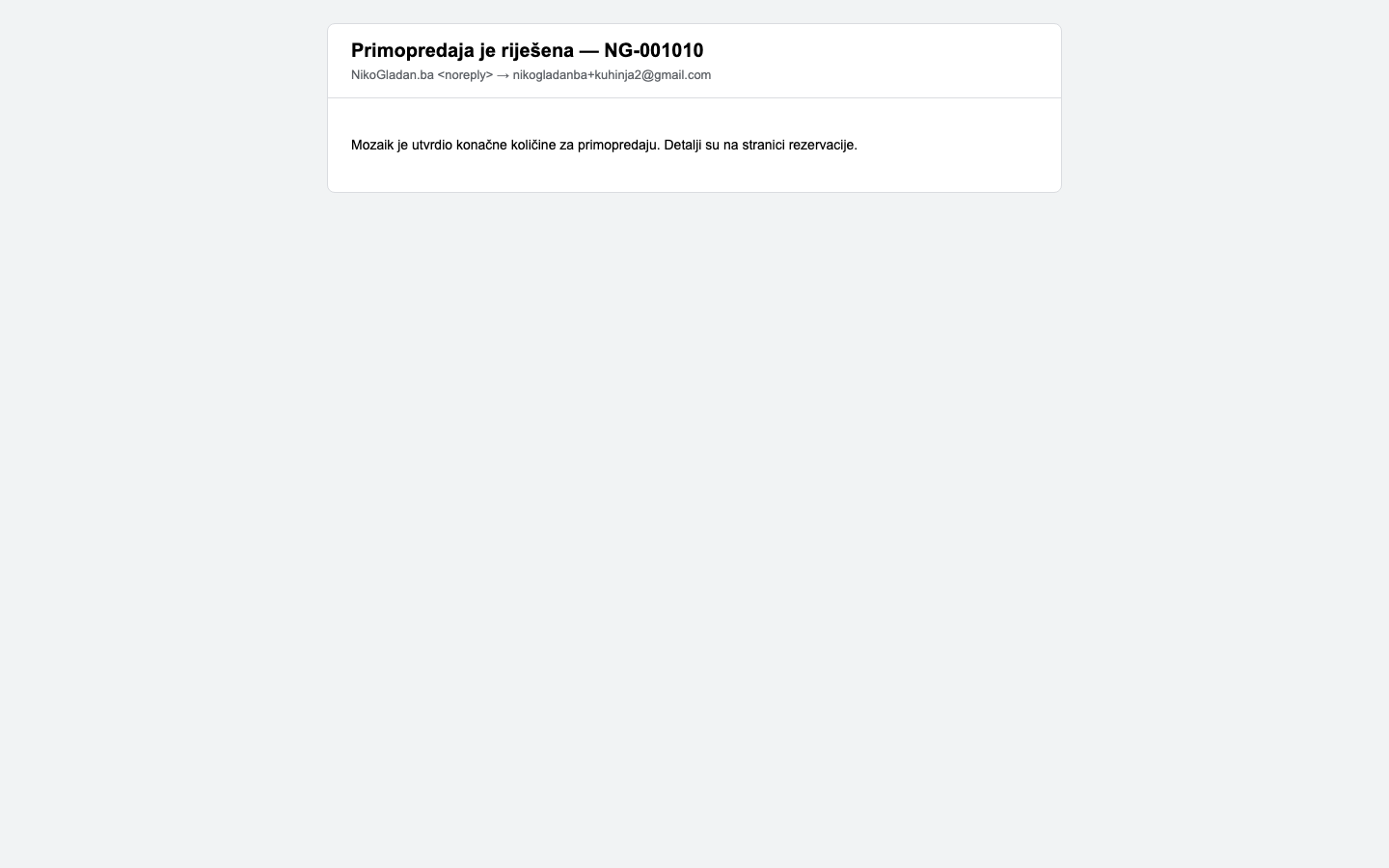 Korak 127: [Gmail] Email Kuhinji 2 „Primopredaja je riješena — NG-001010".