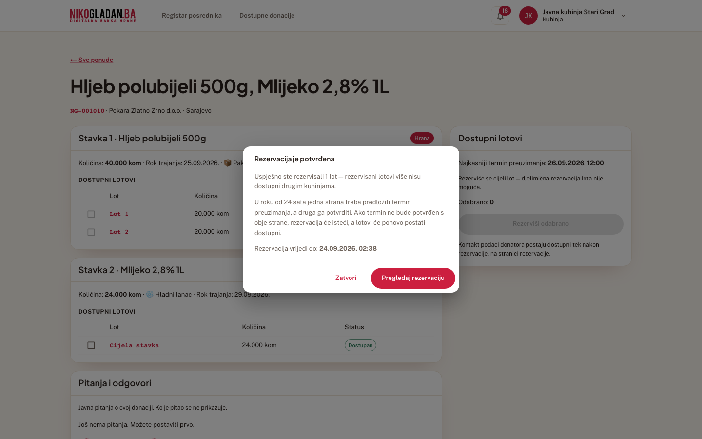 Korak 24: Dijalog „Rezervacija je potvrđena": „Uspješno ste rezervisali 1 lot".