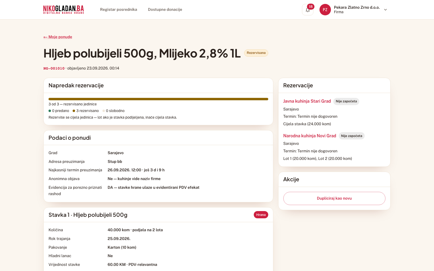 Korak 34: Detalj ponude: „Napredak rezervacije 3 od 3"; sekcija „Rezervacije": Javna kuhinja Stari Grad · Cijela stavka (24 kom); Narodna kuhinja Novi Grad · Lot 1, Lot 2. Dugme „Vrati u nacrt" je nestalo.