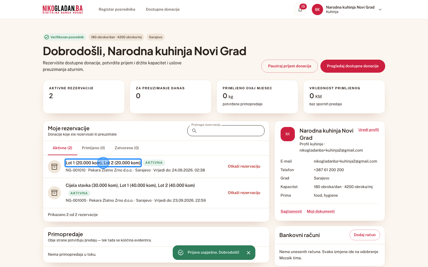 Korak 47: Narodna kuhinja Novi Grad: na kontrolnoj tabli kliknite red rezervacije NG-001010.