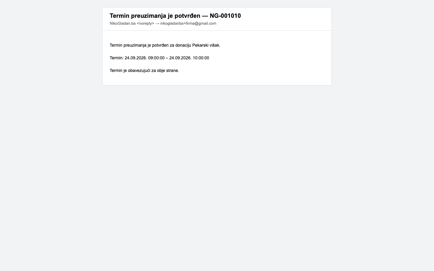 Korak 51: [Gmail] Email firmi „Termin preuzimanja je potvrđen — NG-001010".