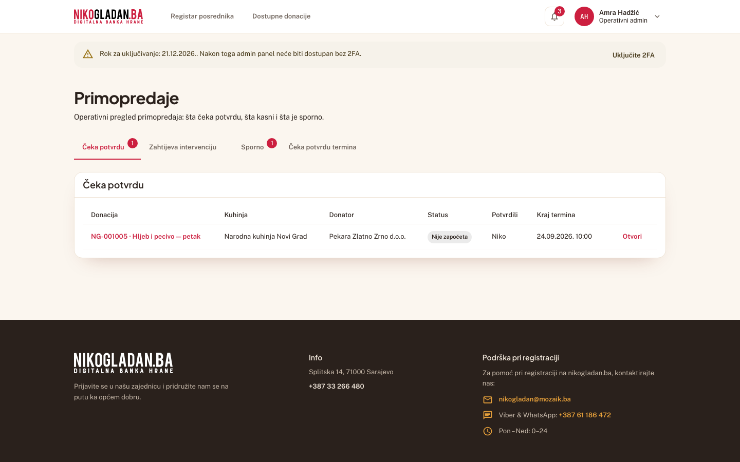 Korak 95: Tab „Čeka potvrdu": seed red „NG-001005 · Hljeb i pecivo — petak" · Narodna kuhinja Novi Grad · Pekara Zlatno Zrno d.o.o.