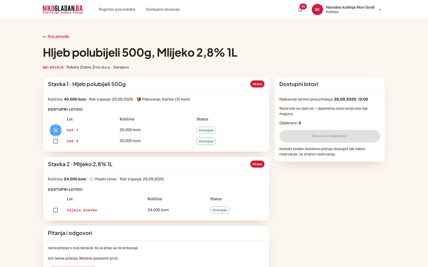 Korak 8: U tabeli „Dostupni lotovi" označite „Lot 1" (hljeb, 20 kom).