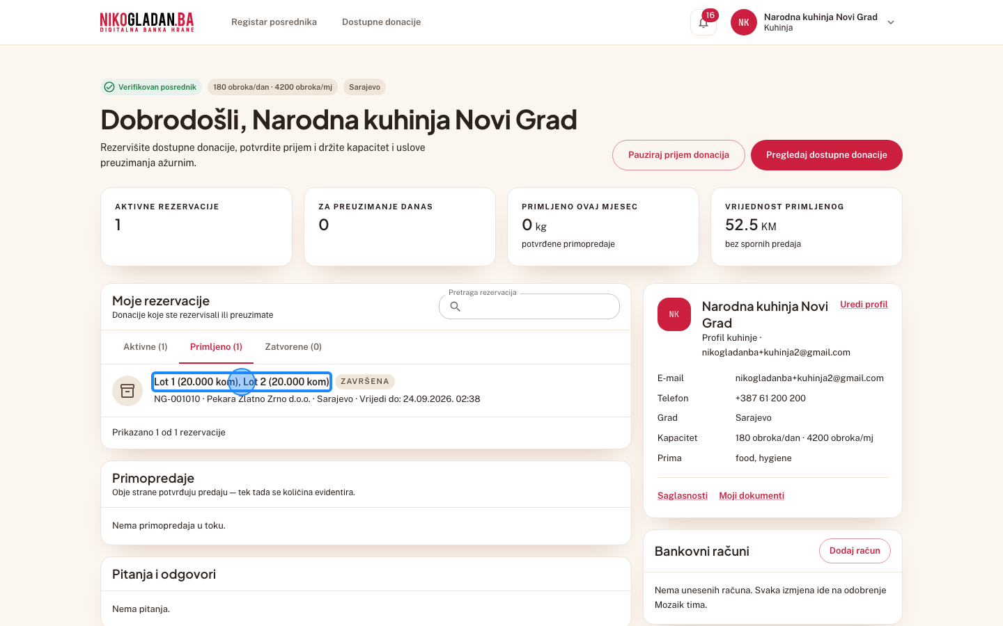 Korak 124: Narodna kuhinja Novi Grad: na kontrolnoj tabli kliknite red rezervacije NG-001010.