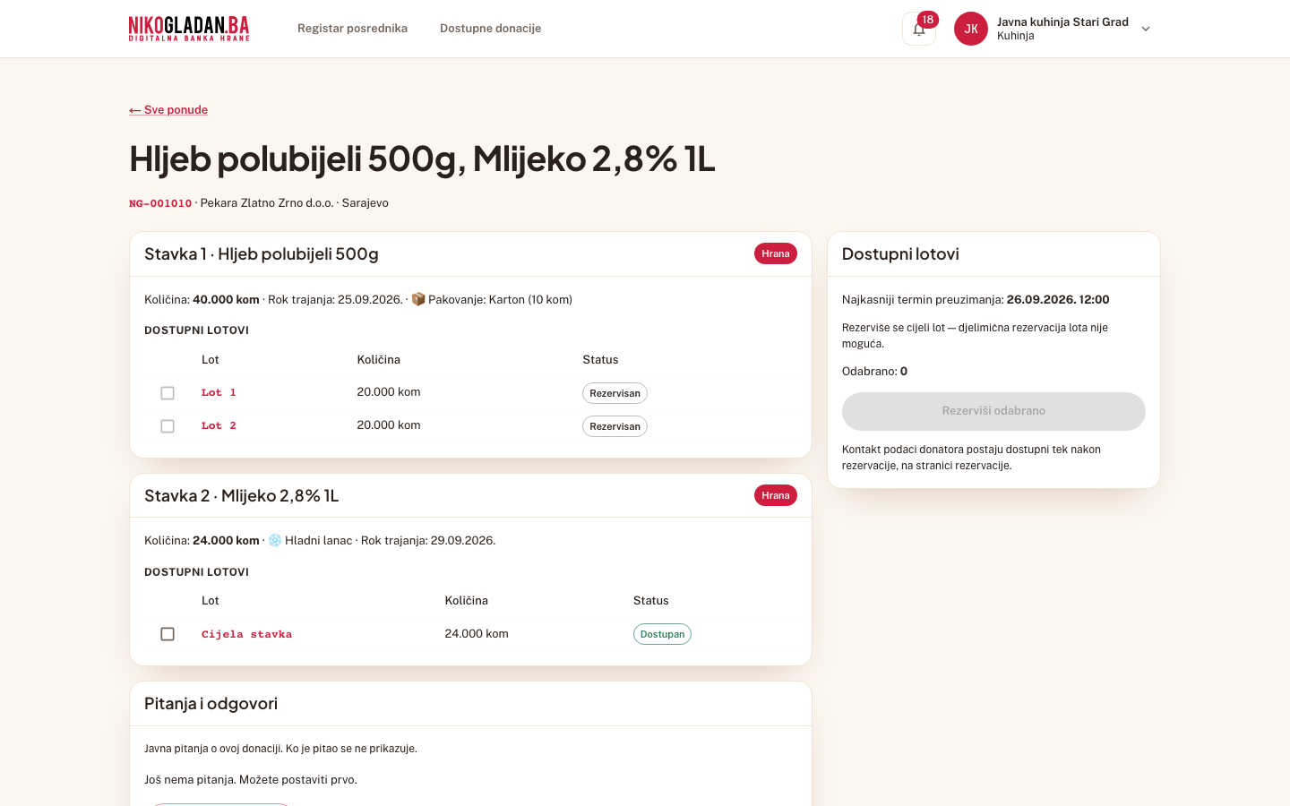 Korak 21: Osvježen detalj: Lot 1 i Lot 2 su „Rezervisan" (bez kućice), „Cijela stavka" (mlijeko) je „Dostupan".