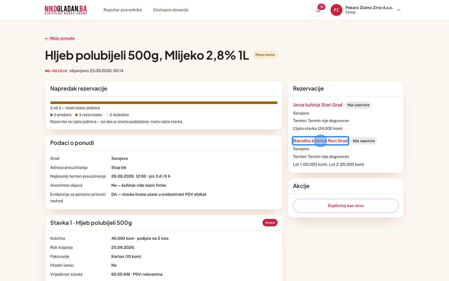 Korak 35: U sekciji „Rezervacije" kliknite „Narodna kuhinja Novi Grad".