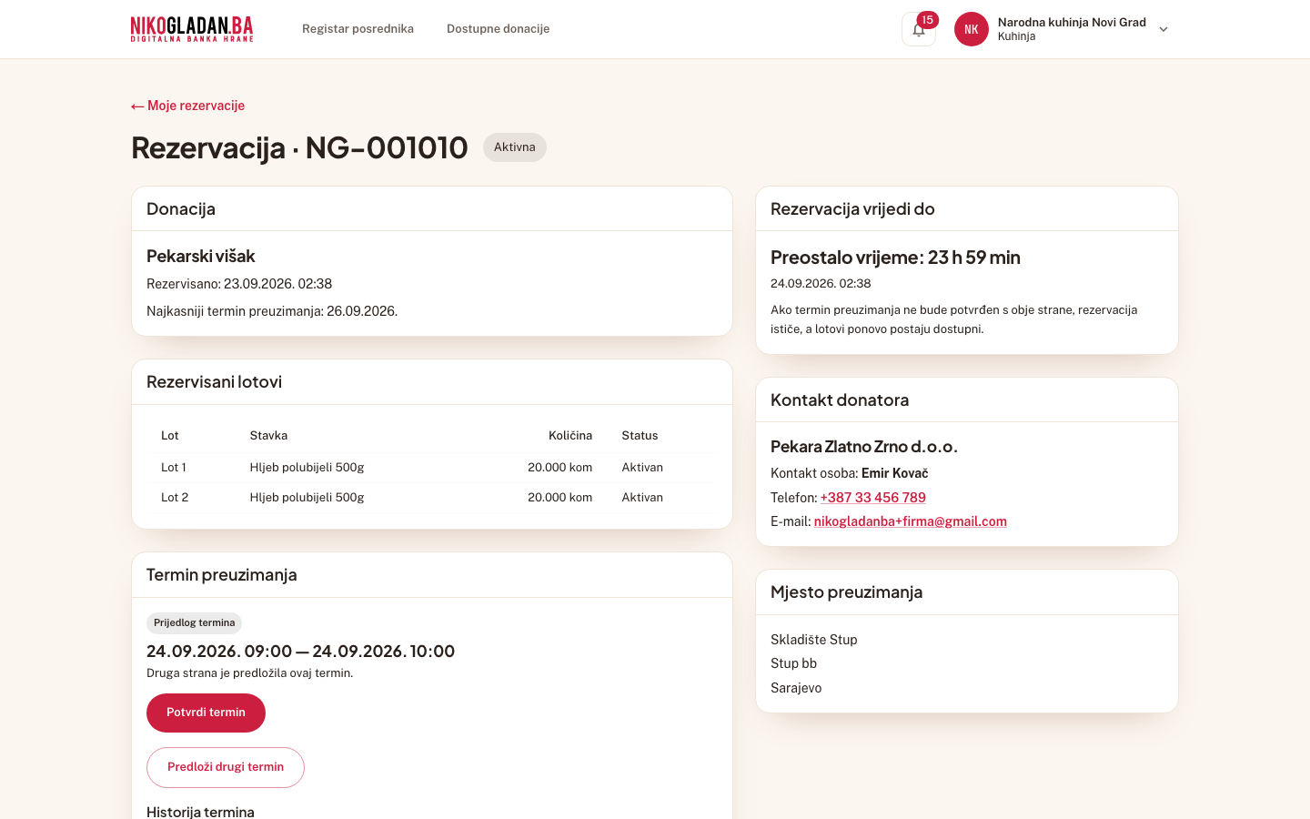 Korak 48: „Termin preuzimanja": „Druga strana je predložila ovaj termin." · „Predložio/la: Donator".