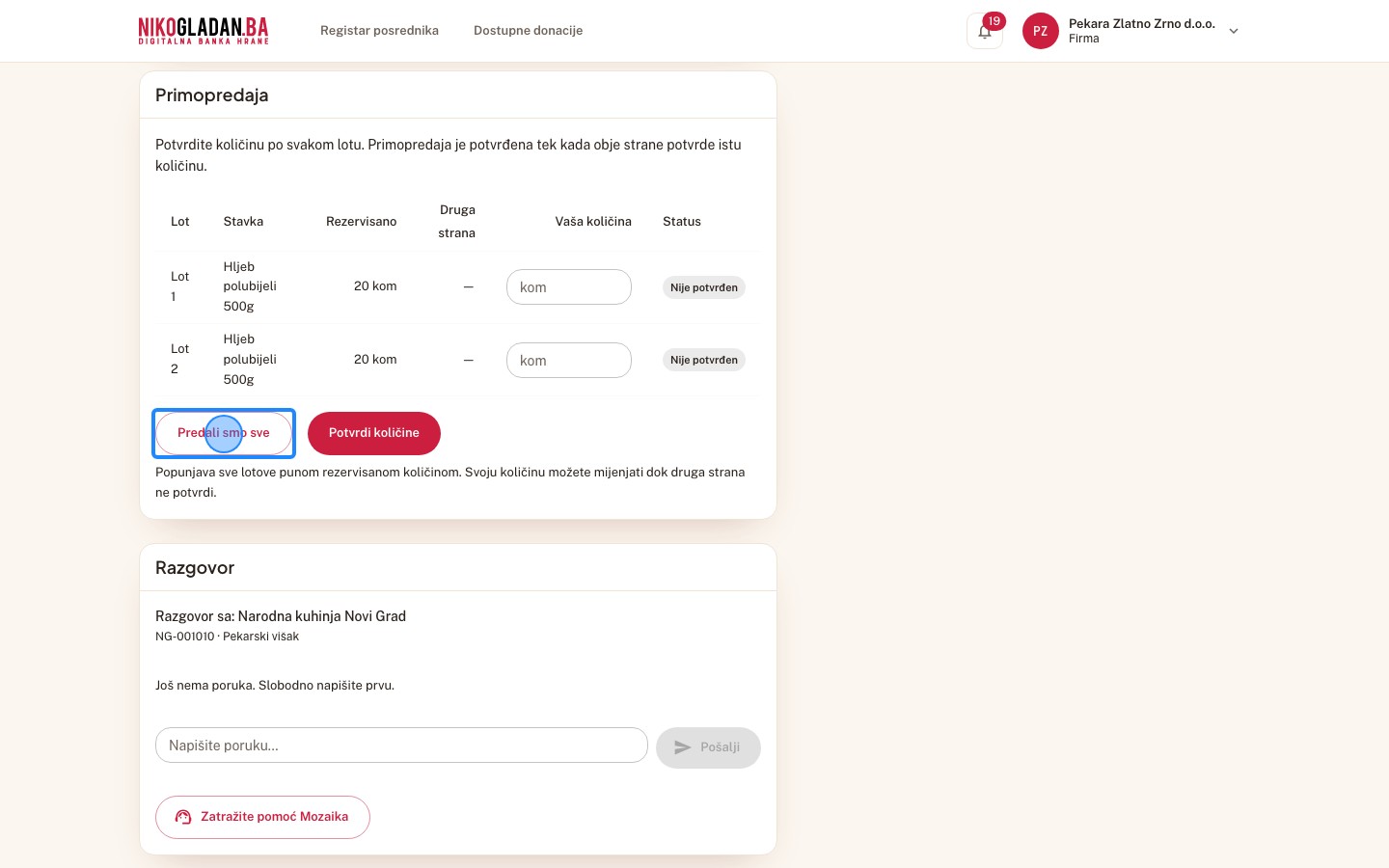 Korak 58: Firma otvara rezervaciju Kuhinje 2 (NG-001010) i u sekciji „Primopredaja" klikne „Predali smo sve" — Lot 1 = 20, Lot 2 = 20.